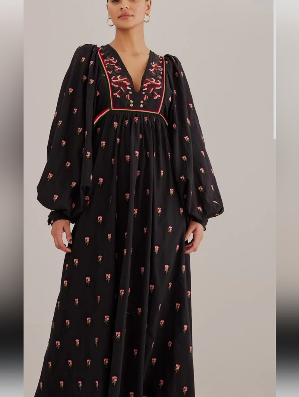 Farm Rio Black Floral Embroidered V Neck Maxi DressColor: BLACK Large